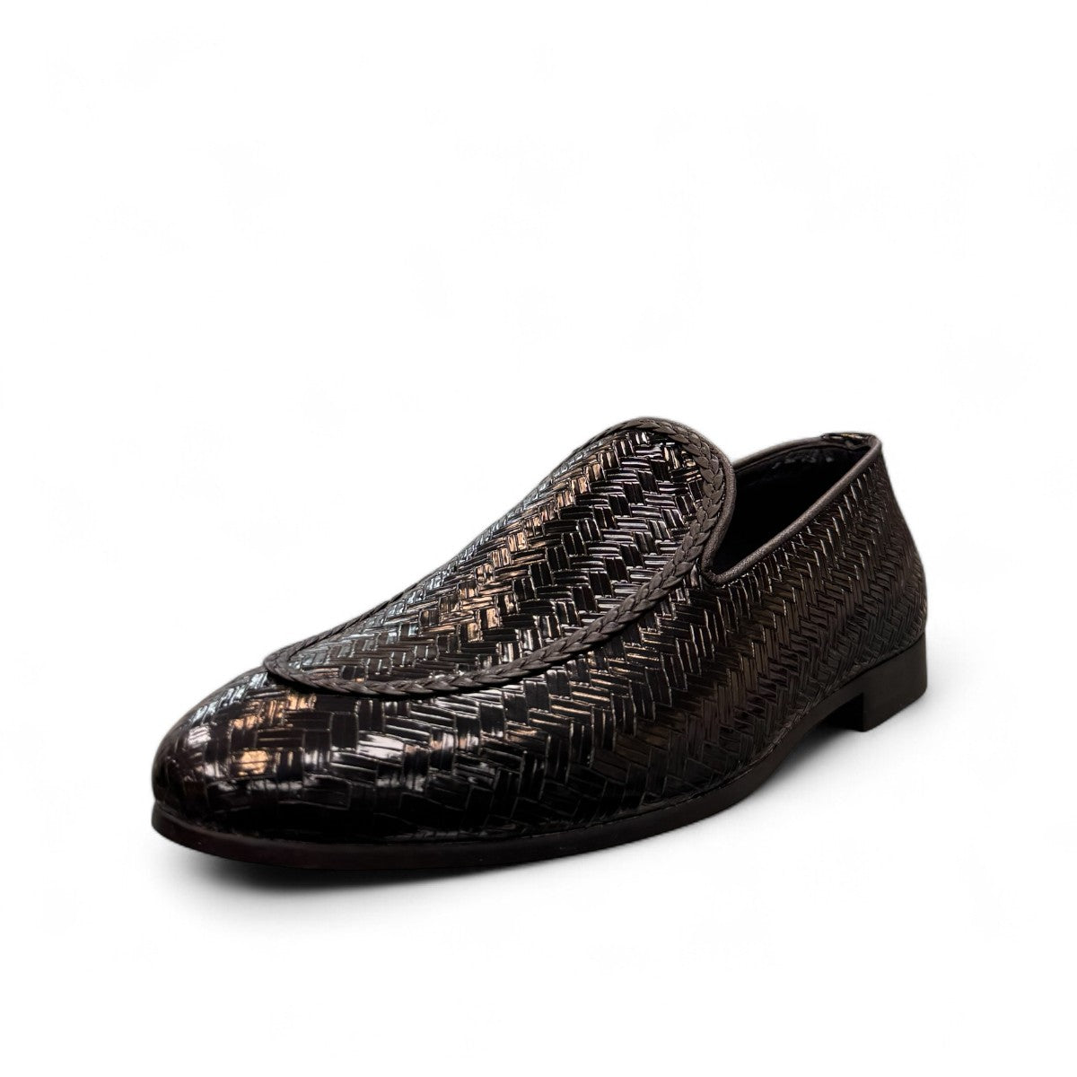 Sina Footwear Aspad black patent leather loafers with a woven texture and refined handmade stitching. Photo of front side view.