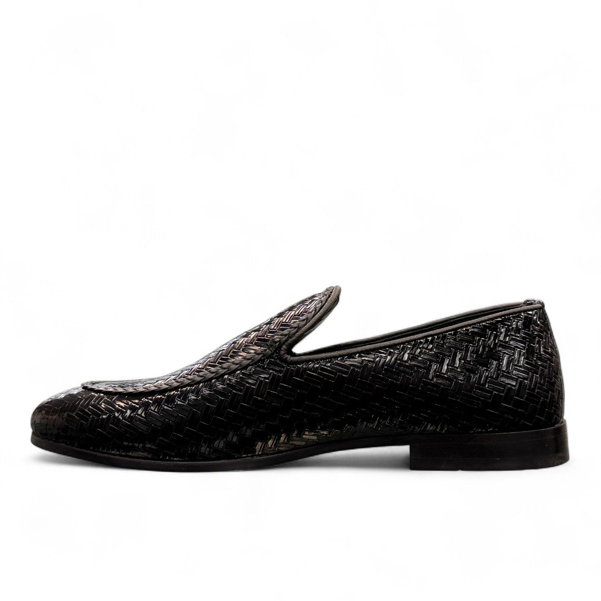 Sina Footwear Aspad black patent leather loafers with a woven texture and refined handmade stitching. Photo of left side view.
