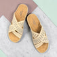 Sina Footwear beige vegan leather slide sandals with floral cut-out straps and a cushioned comfort sole.
photo of the top side