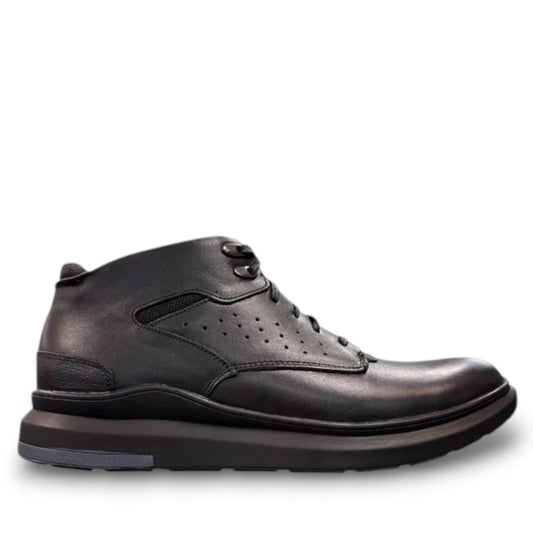 Sina Footwear Binalood black genuine leather lace-up boots with a durable rubber outsole and perforated side detail. Photo of right side view.