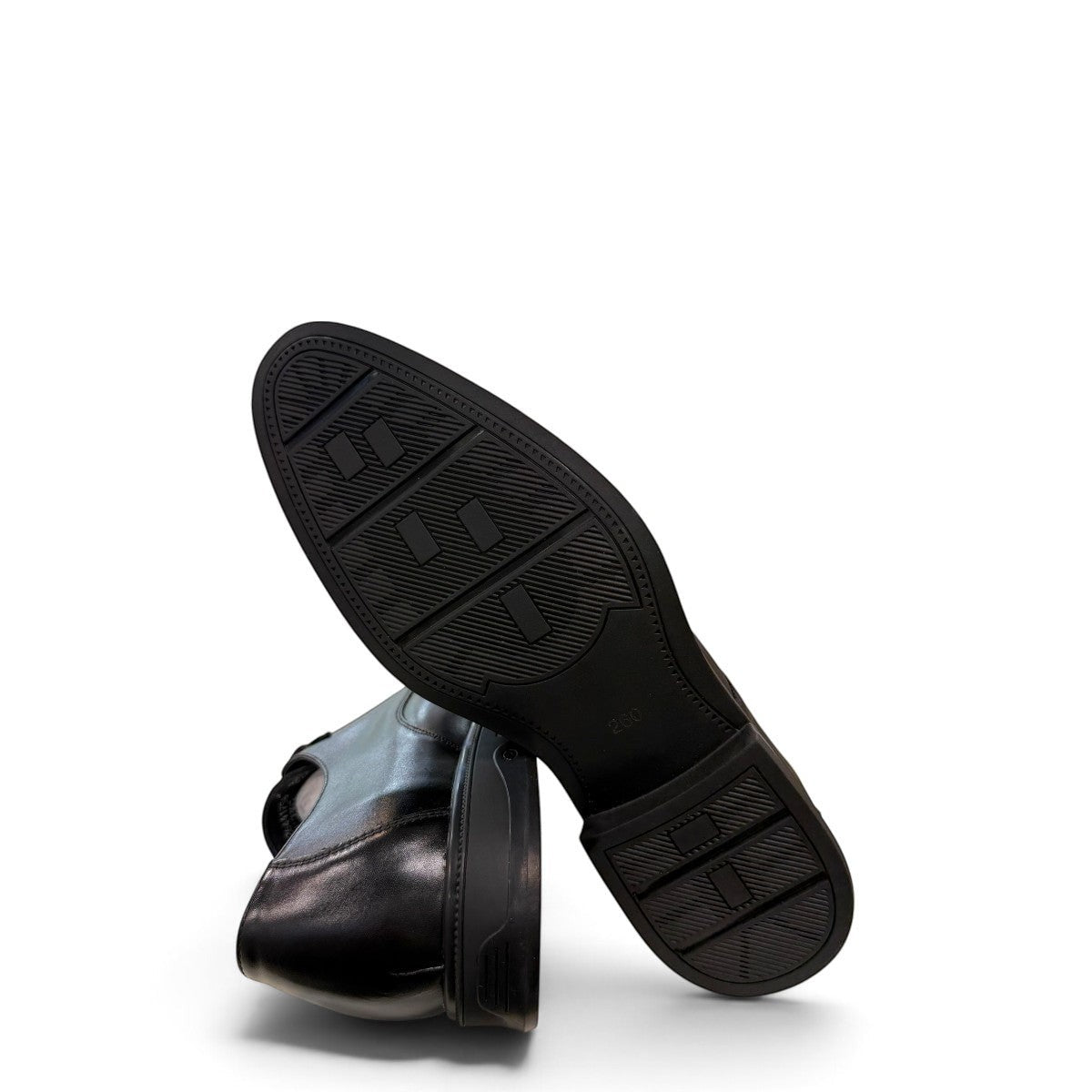 Sina Footwear black leather derby shoes with apron-toe construction, lace-up closure, and durable rubber outsole.
photo of the bottom side