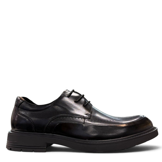 Sina Footwear black leather derby shoe with brogue-inspired perforations and a lightweight chunky rubber sole.
photo of the right side