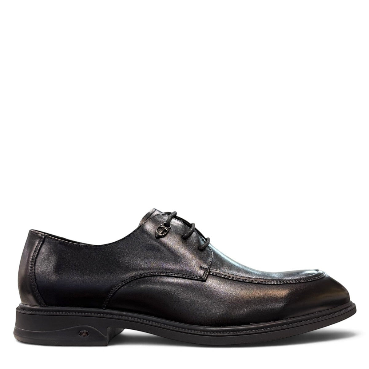 Sina Footwear black leather derby shoes with apron-toe construction, lace-up closure, and durable rubber outsole.
photo of the right side