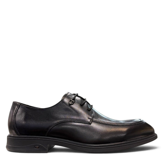 Sina Footwear black leather derby shoes with apron-toe construction, lace-up closure, and durable rubber outsole.
photo of the right side