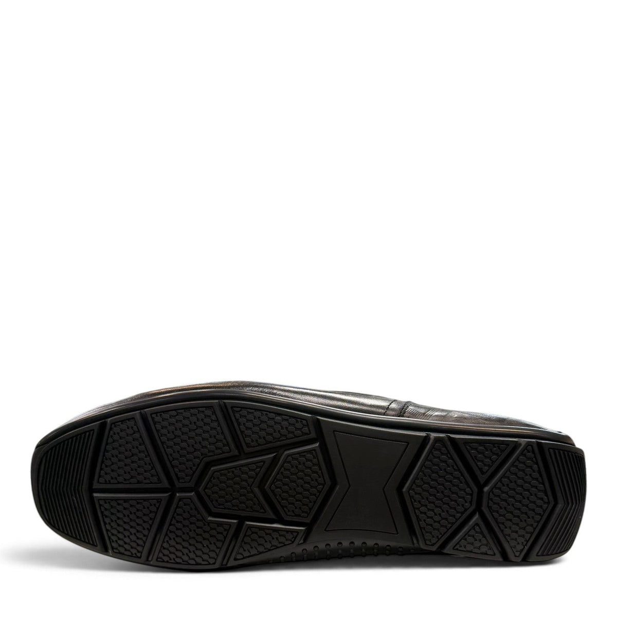Sina Footwear black genuine leather loafer with embossed geometric pattern and slip-on design.
 photo of the bottom side