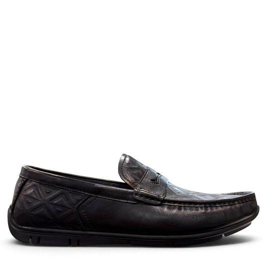 Sina Footwear black genuine leather loafer with embossed geometric pattern and slip-on design.
 photo of the right side