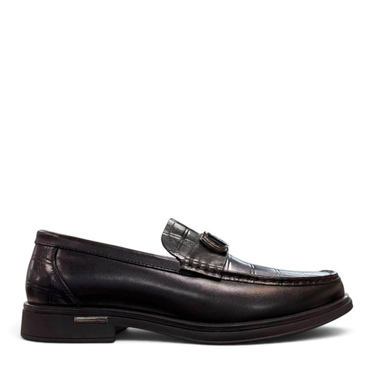 Sina Footwear black genuine leather loafers with a crocodile-embossed texture and a sleek slip-on design.
photo of the right side