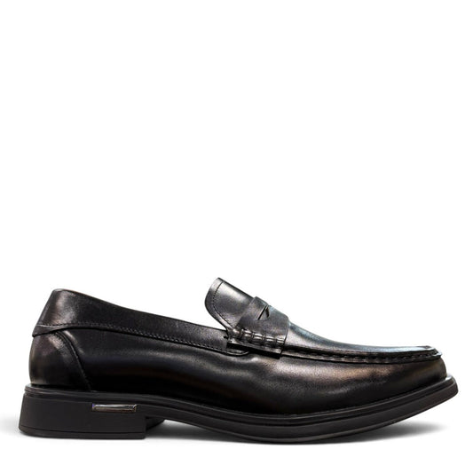 Sina Footwear black genuine leather loafer with a classic slip-on silhouette, cushioned footbed, and rubber outsole.
photo of the right side