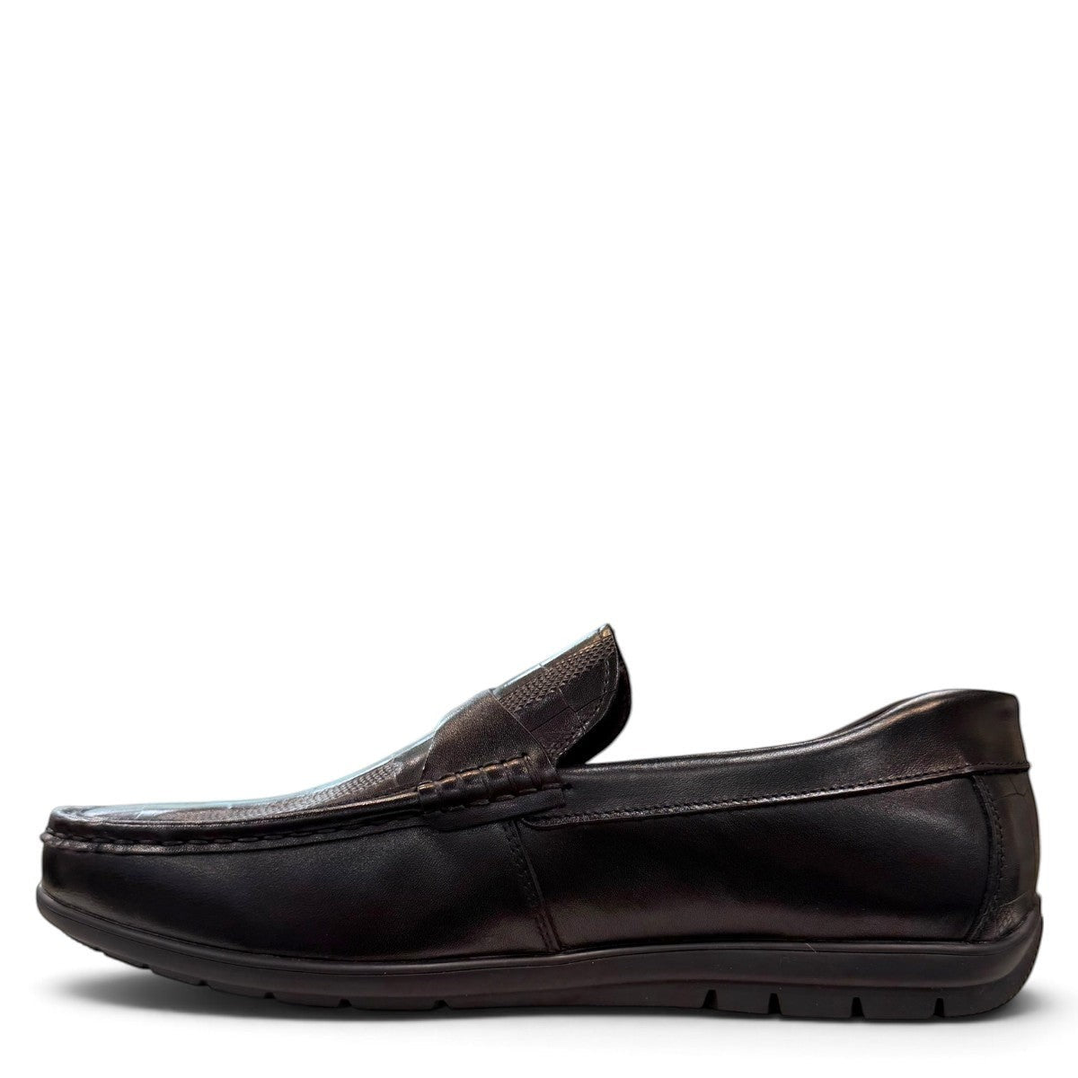 Sina Footwear black genuine leather loafer with a textured vamp strap and durable rubber outsole.
photo of the left side