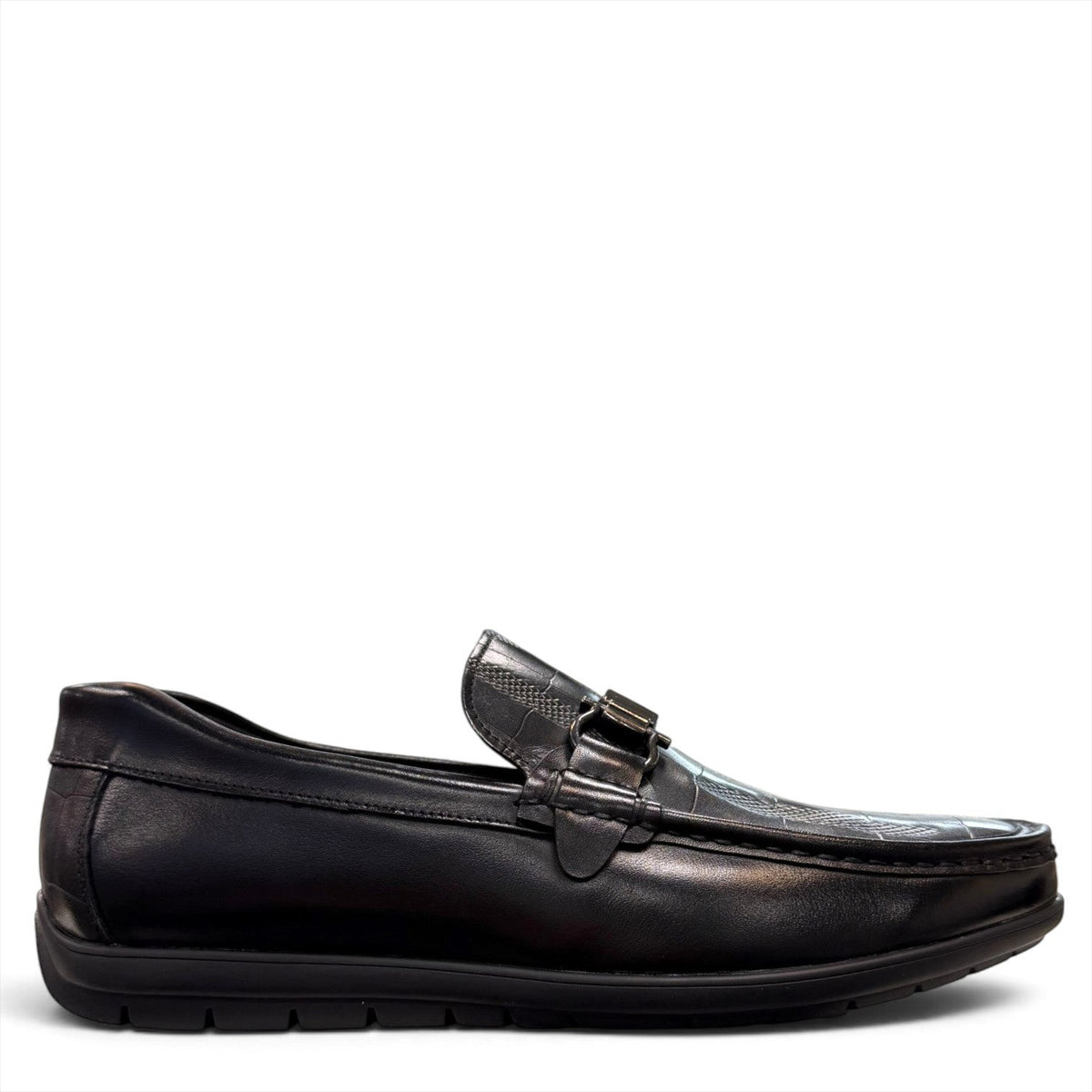 Sina Footwear black genuine leather loafer with a textured vamp strap and durable rubber outsole.
photo of the right side