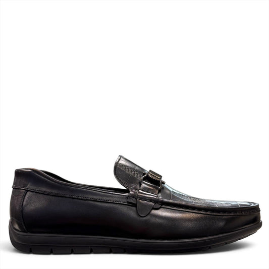 Sina Footwear black genuine leather loafer with a textured vamp strap and durable rubber outsole.
photo of the right side
