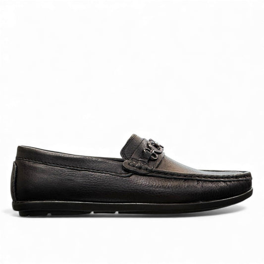 Sina Footwear black genuine leather loafers with handmade stitching and a metal bit detail for formal wear. Photo of right side view.