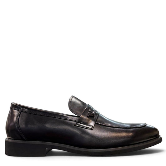 Sina Footwear black genuine leather loafer with a classic silhouette, slip-on design, and durable rubber outsole.
photo of the right side
