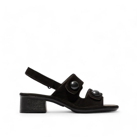black leather slingback sandals with glossy stud details and a comfortable block heel