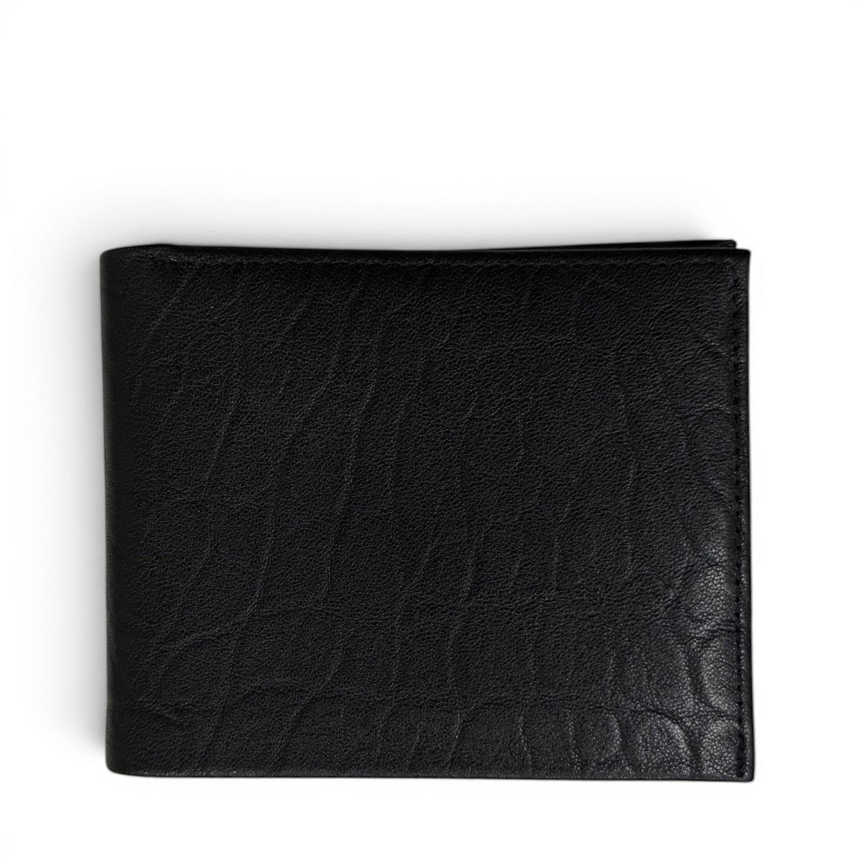 Sina Footwear black genuine leather bi-fold wallet with multiple card slots and bill compartments.