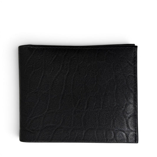 Sina Footwear black genuine leather bi-fold wallet with multiple card slots and bill compartments.