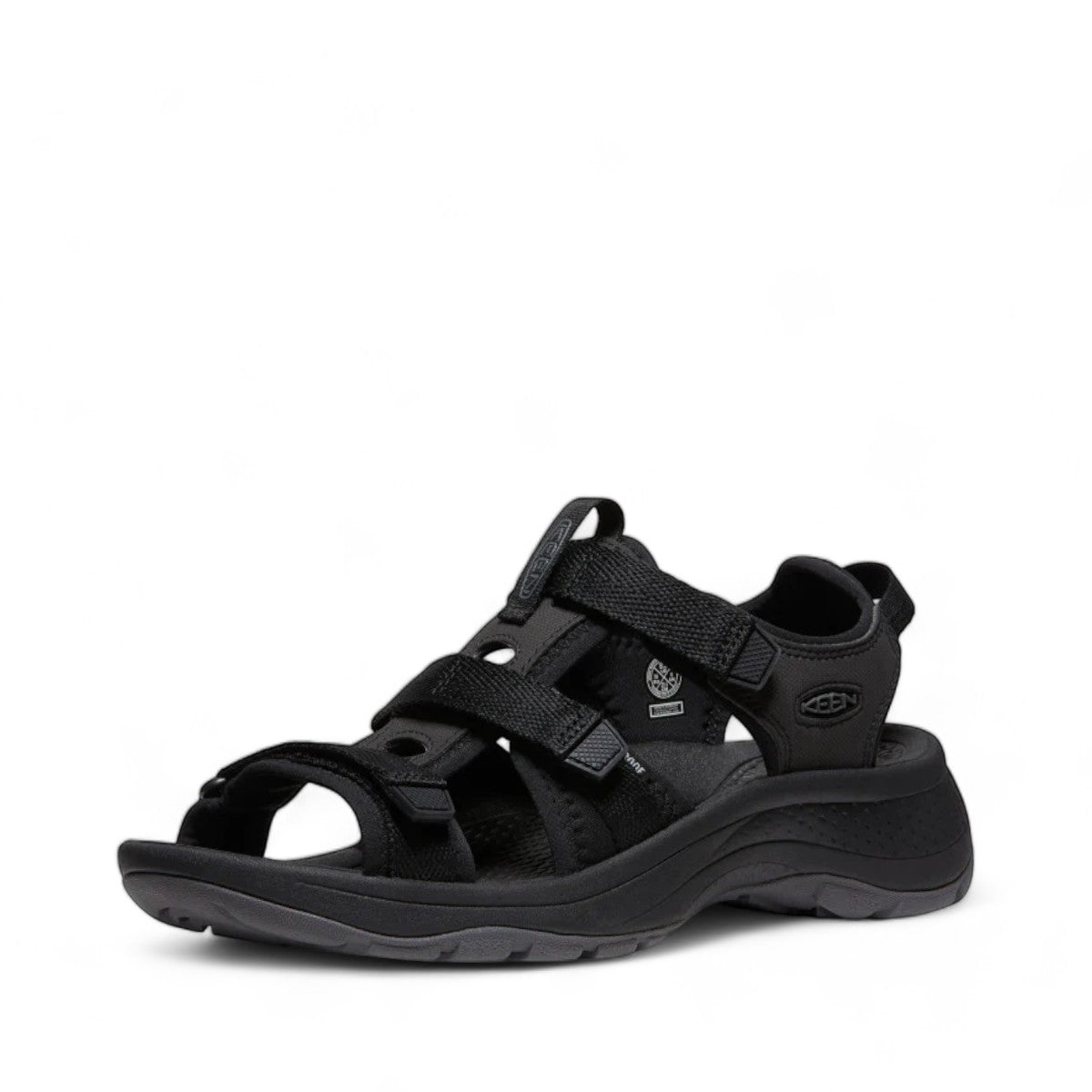 Sina Footwear black open toe hybrid wedge sandals with adjustable straps and contoured arch support.
