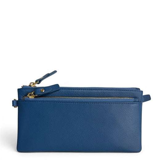 Sina Footwear blue genuine leather wallet with two zippered compartments and gold hardware.