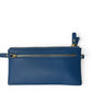 Sina Footwear genuine leather wallet in blue with gold zipper and wrist strap. Features multiple compartments for cards and cash.