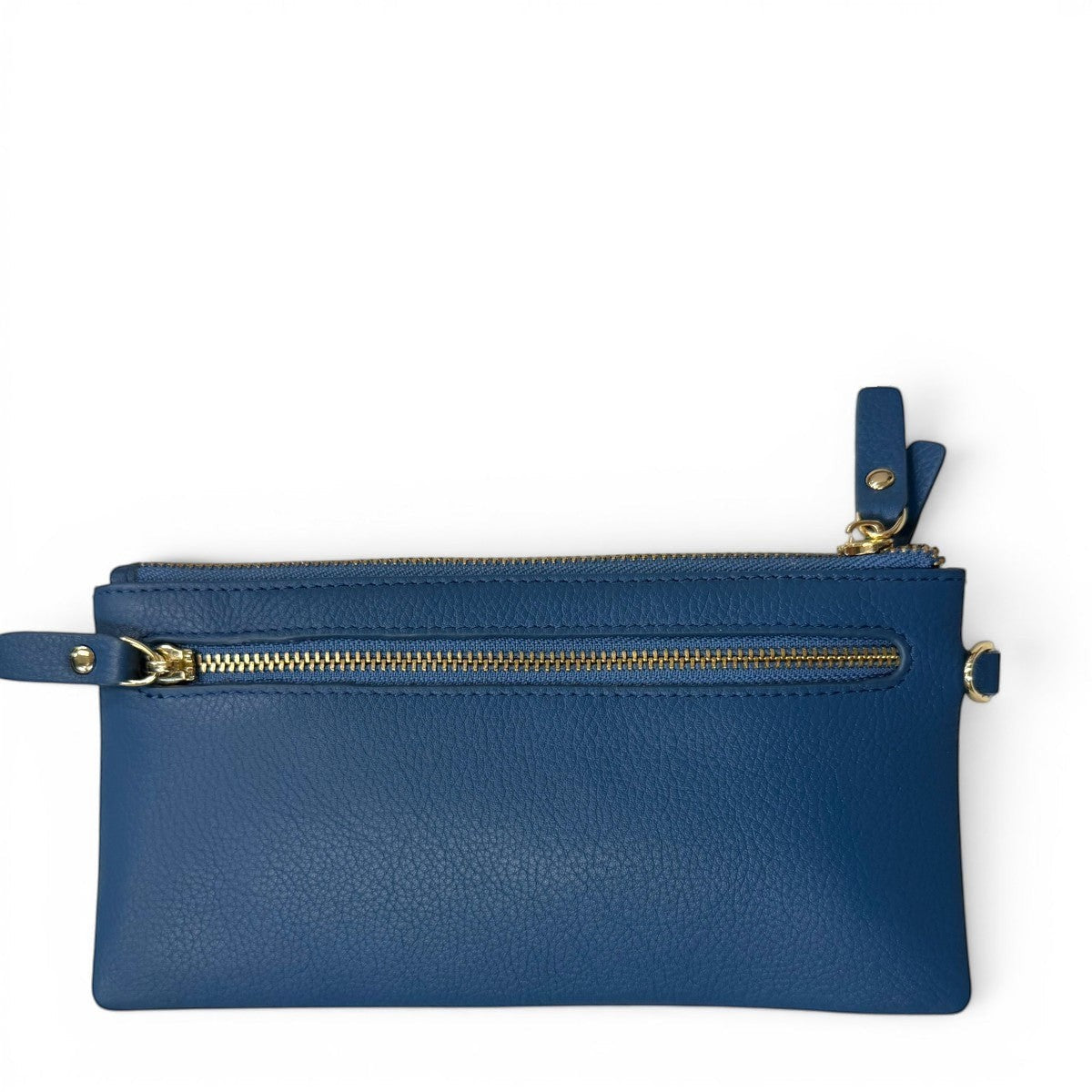 Sina Footwear genuine leather wallet in blue with gold zipper and wrist strap. Features multiple compartments for cards and cash.
