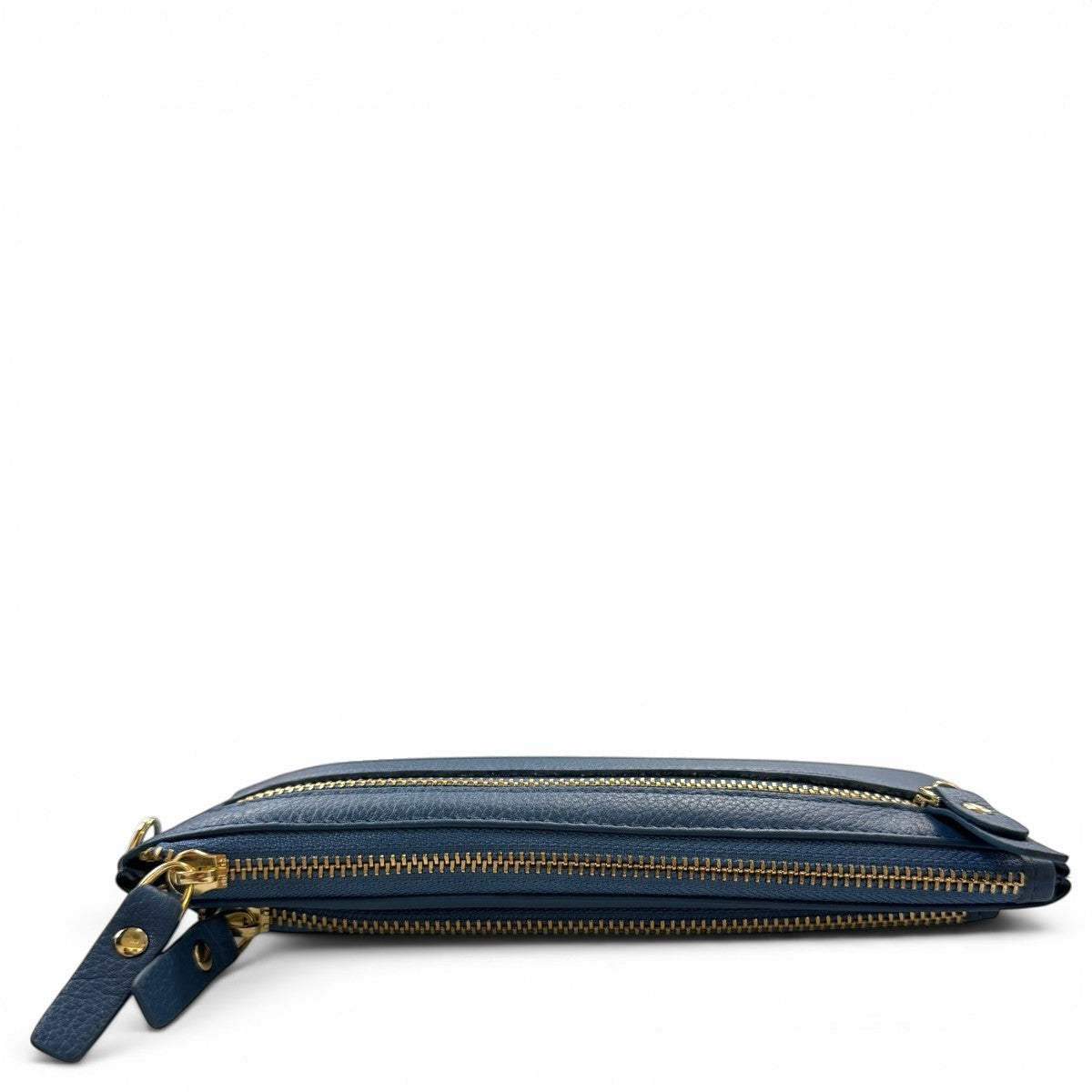Sina Footwear genuine leather blue wallet with gold zippers and practical inner compartments for cards and cash.