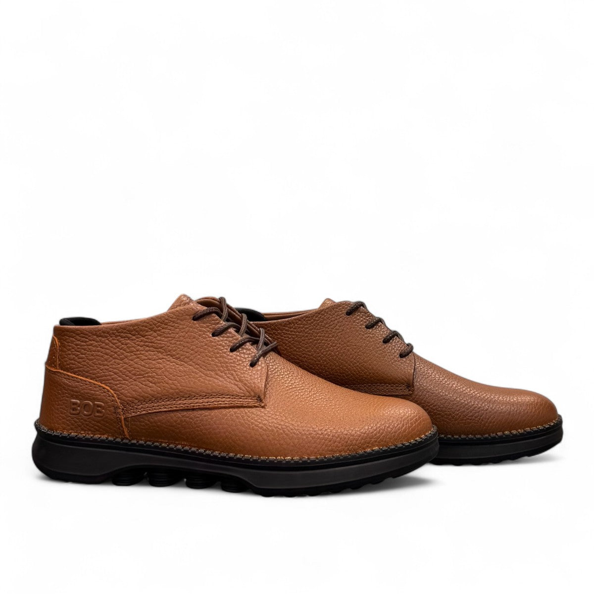 Sina Footwear Bob Roodaki brown leather lace-up shoes with textured finish and durable rubber sole. Photo of side views.