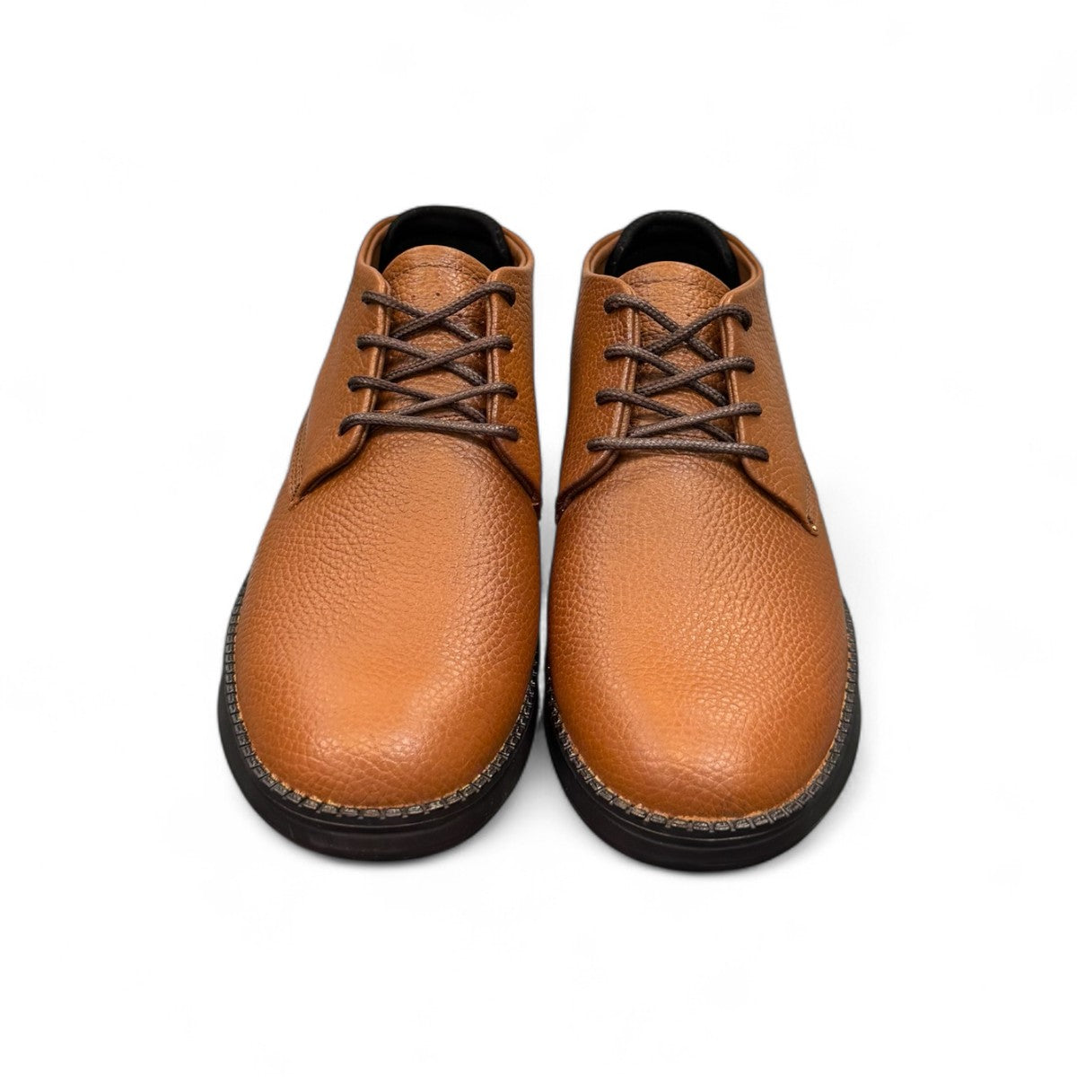 Sina Footwear Bob Roodaki brown leather lace-up shoes with textured finish and durable rubber sole. Photo of front view.
