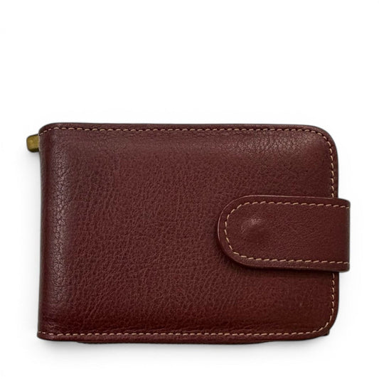 Sina Footwear genuine leather bi-fold wallet in brown with snap closure and contrast stitching.