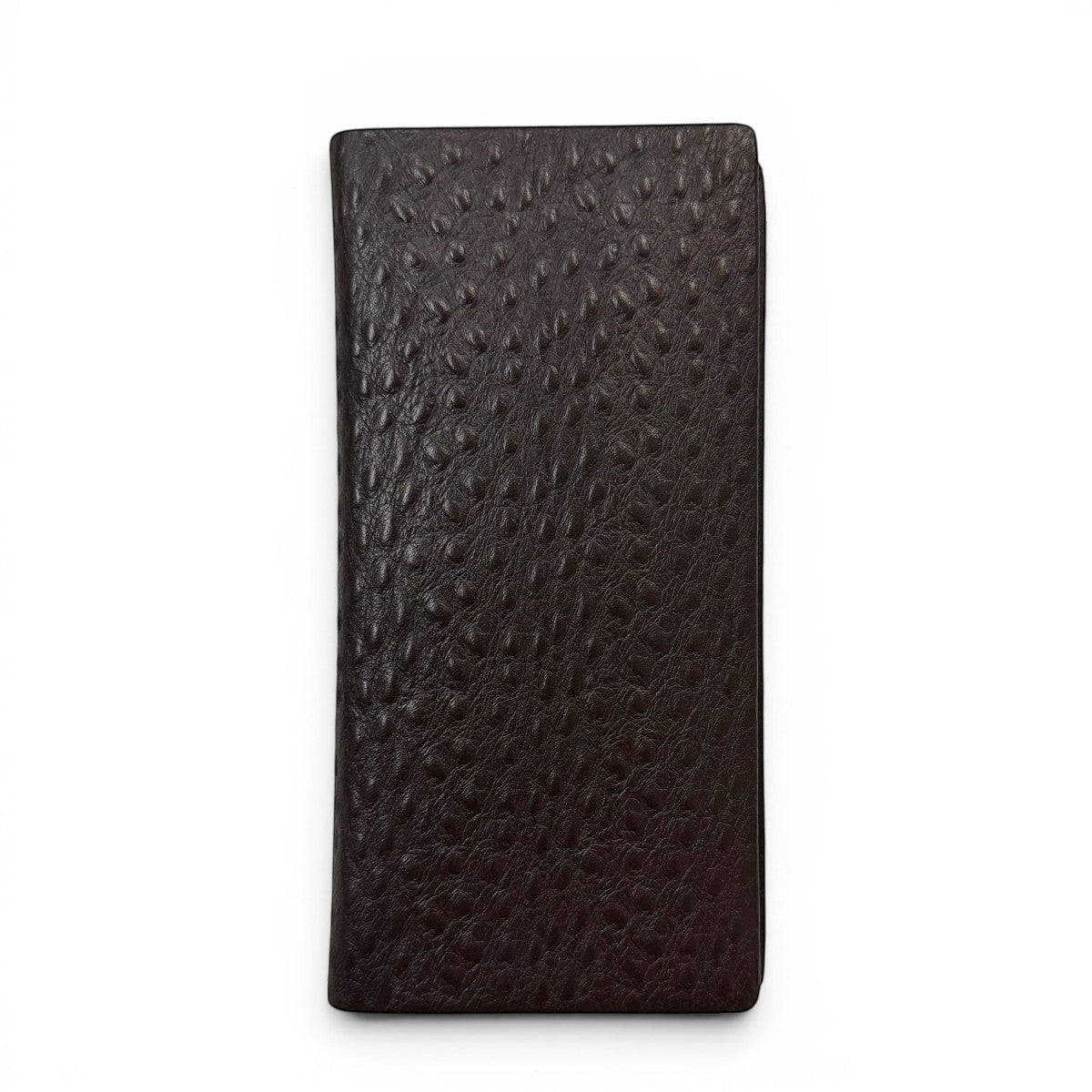 Sina Footwear genuine leather wallet in dark brown with an embossed ostrich-like texture. Bi-fold design.