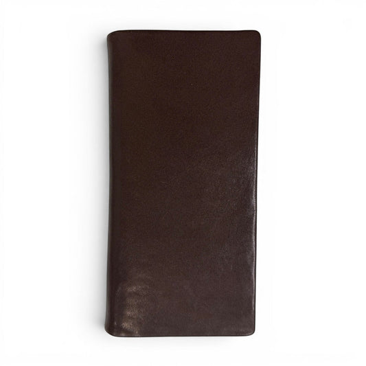 Sina Footwear genuine leather bi-fold wallet in dark brown with multiple card slots and bill compartments.