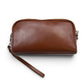 Sina Footwear genuine leather brown wallet with wrist strap and zipper closure. Features multiple compartments for cards and cash.