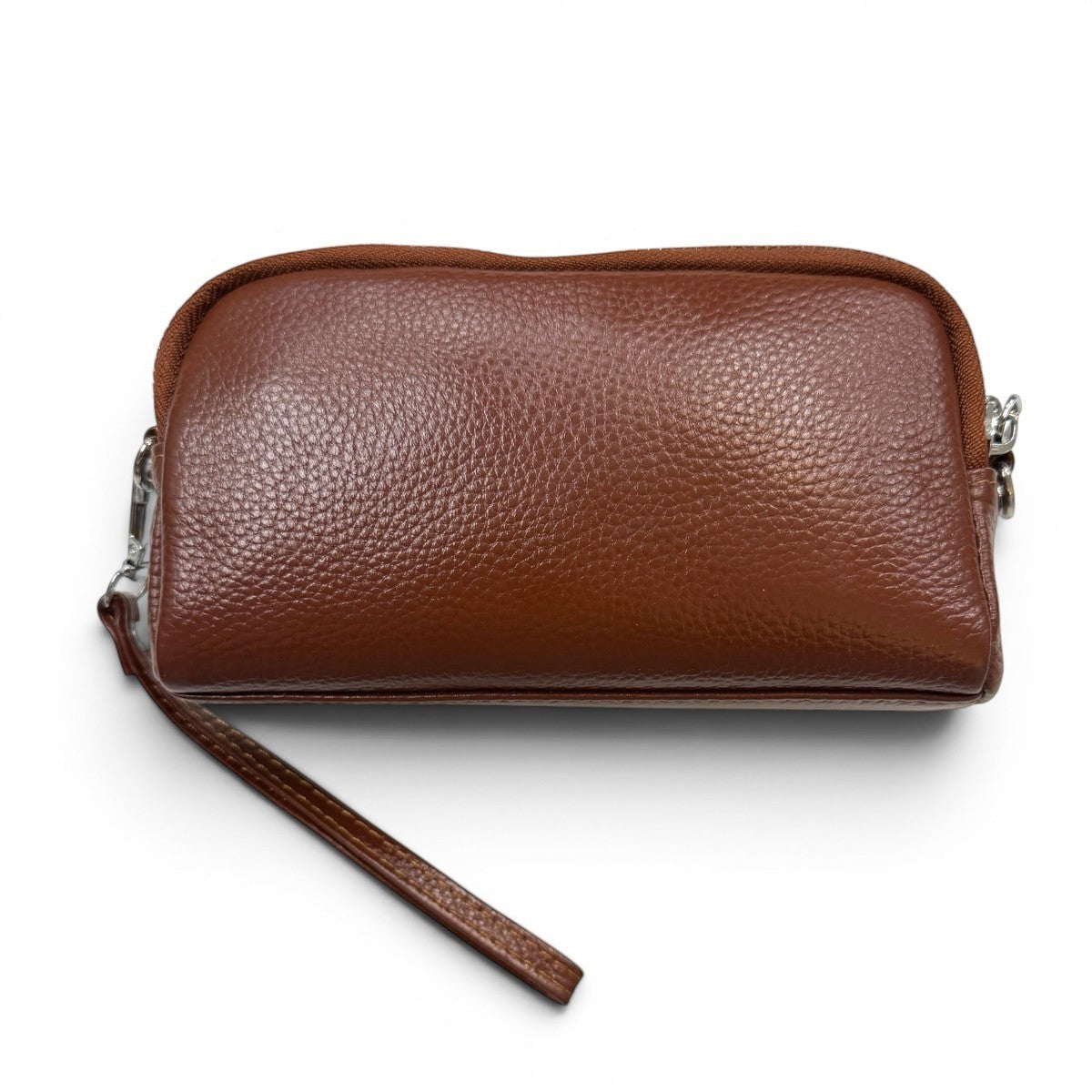 Sina Footwear genuine leather brown wallet with wrist strap and zipper closure. Features multiple compartments for cards and cash.