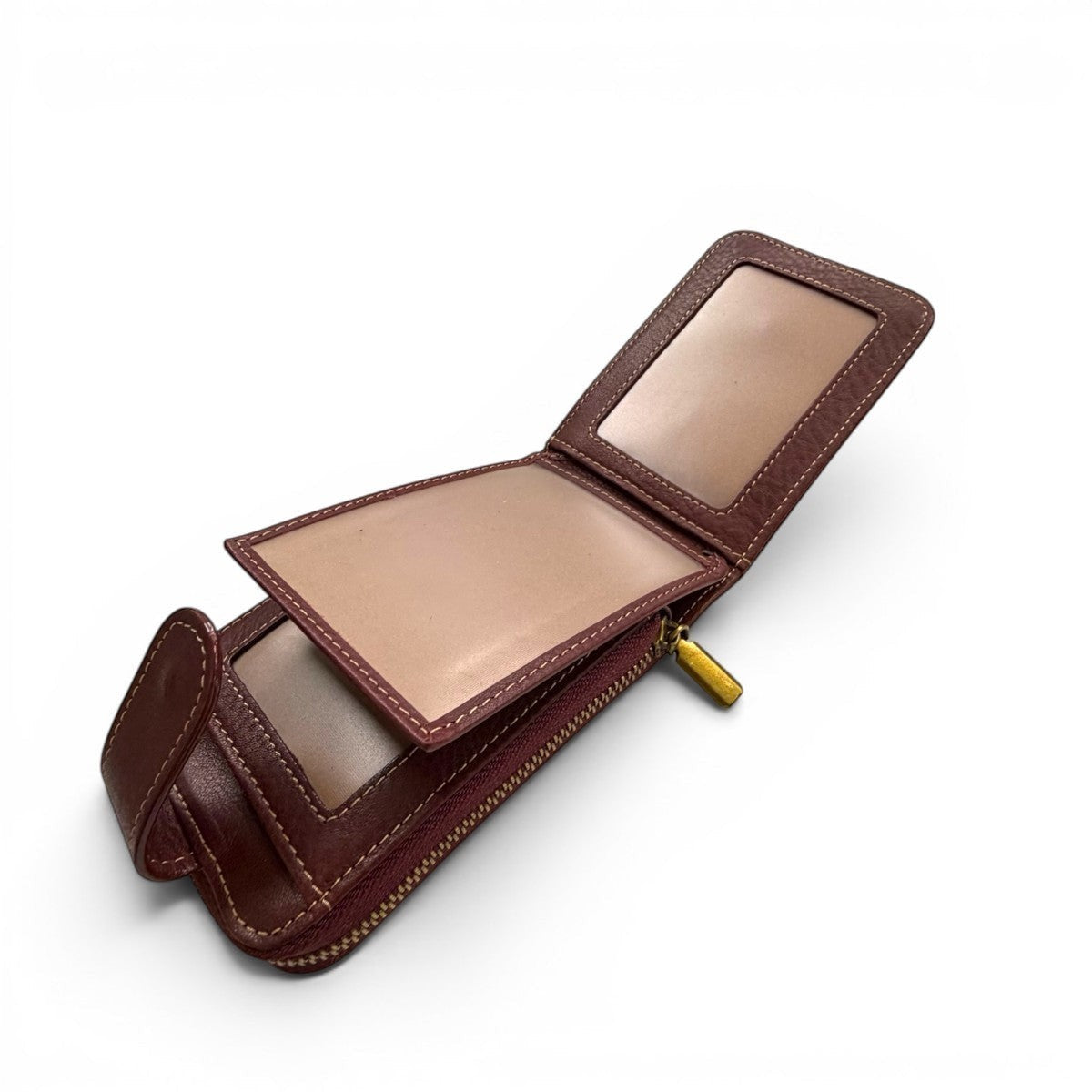 Sina Footwear genuine leather bi-fold wallet in brown, featuring multiple card slots and clear ID windows.