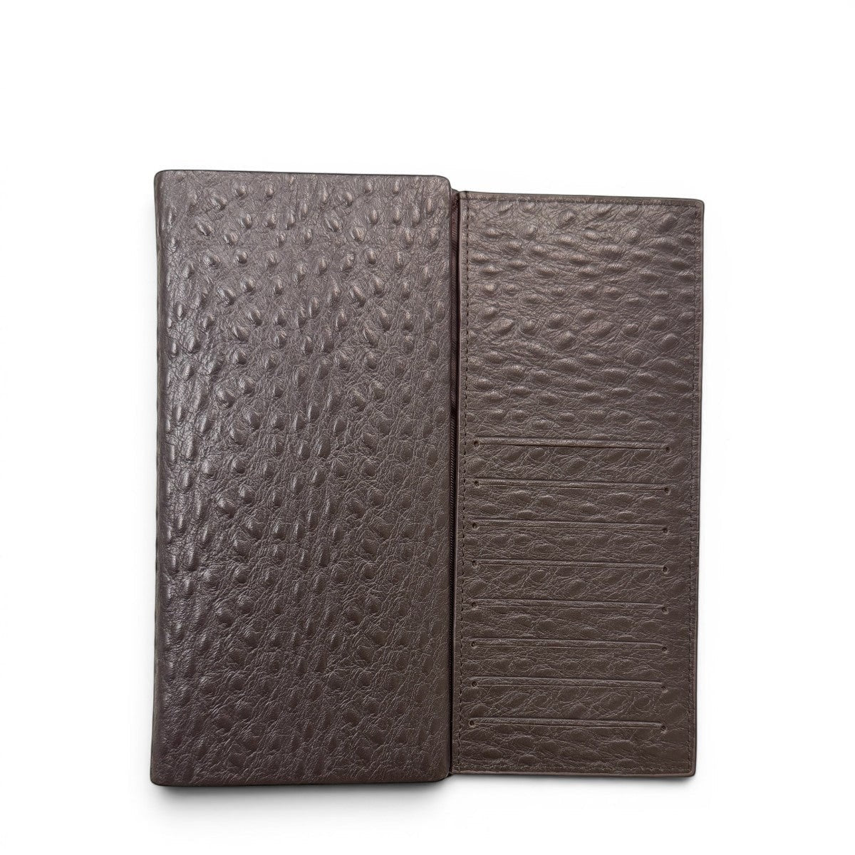 Sina Footwear brown genuine leather wallet with ostrich-embossed texture and multiple card slots.