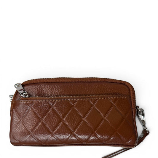 Sina Footwear brown genuine leather wallet with quilted stitching and zippered compartments.