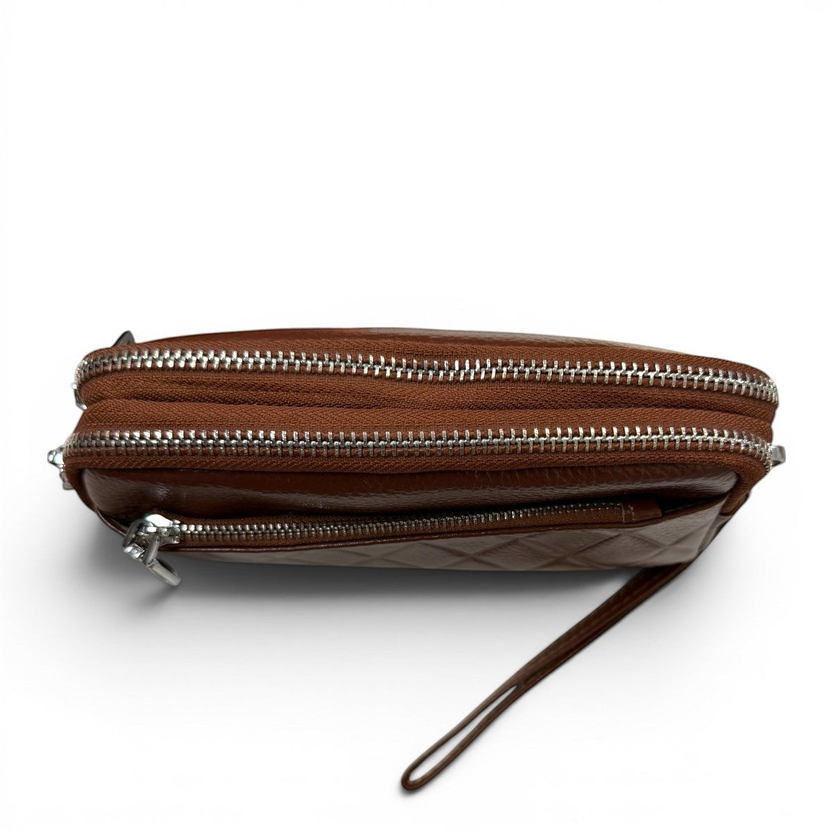 Sina Footwear brown genuine leather wallet with multiple zippered compartments and a wrist strap. Quilted detail on front pocket.