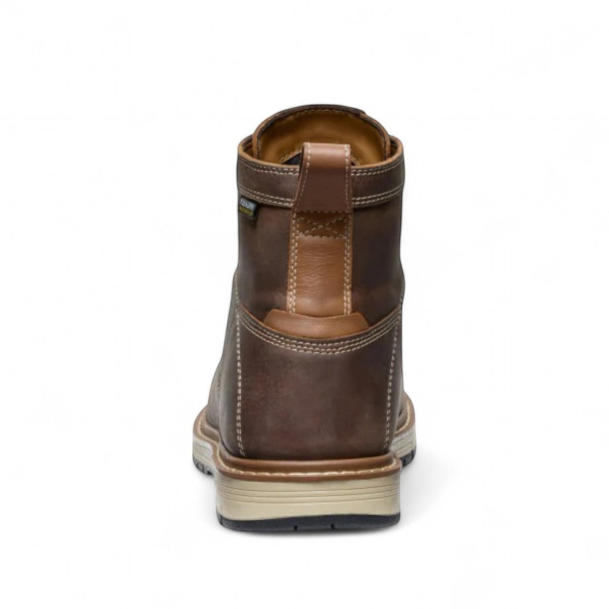 Sina Footwear brown leather 6-inch waterproof work boots with contrasting tan accents and white stitching.