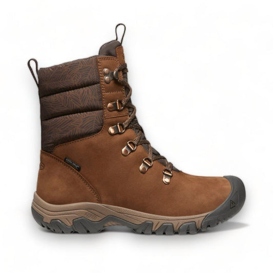 Sina Footwear women's brown leather waterproof hiking boots with quilted collar and KEEN.DRY technology.
