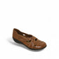 Clarks Ashland Spin Q tan leather slip-on shoe with crisscross straps and contrast stitching. front view.