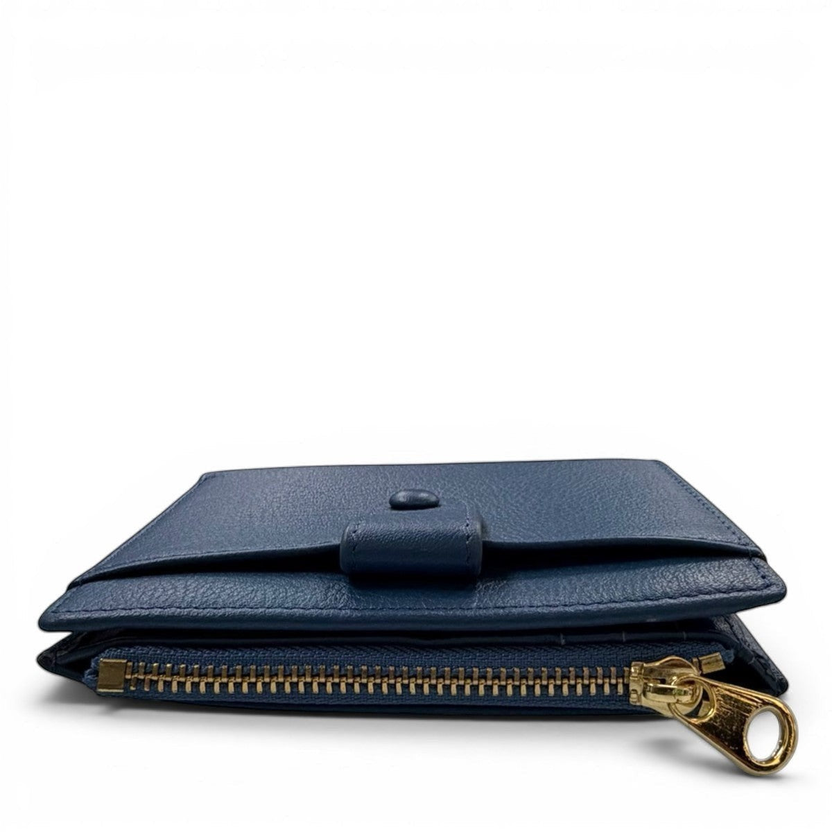 Sina Footwear dark blue genuine leather bi-fold wallet with snap closure and gold zipper detail.