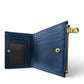 Sina Footwear dark blue genuine leather bi-fold wallet with multiple card slots and gold zipper detail.
