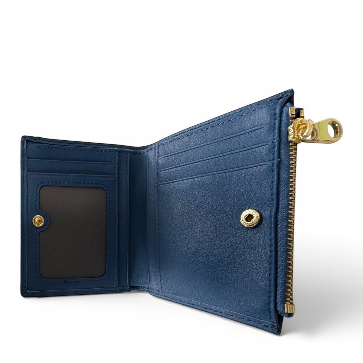 Sina Footwear dark blue genuine leather bi-fold wallet with multiple card slots and gold zipper detail.