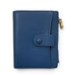 Sina Footwear dark blue genuine leather bi-fold wallet with snap closure and gold zipper detail.