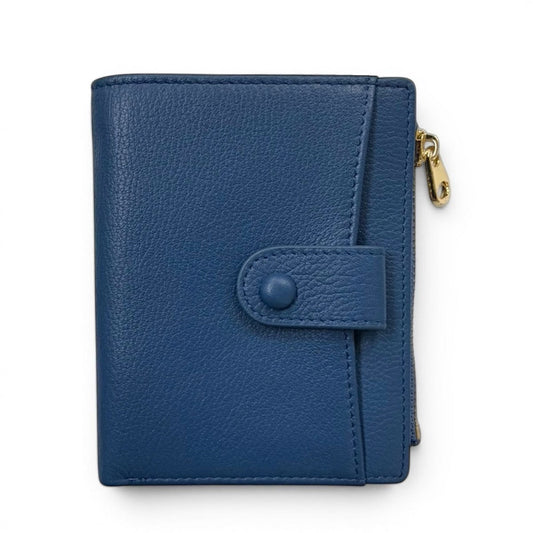 Sina Footwear dark blue genuine leather bi-fold wallet with snap closure and gold zipper detail.