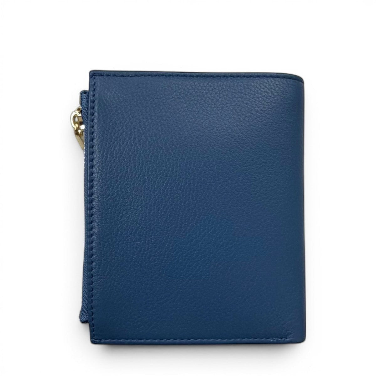 Sina Footwear genuine leather bi-fold wallet in dark blue with a zippered coin pocket.