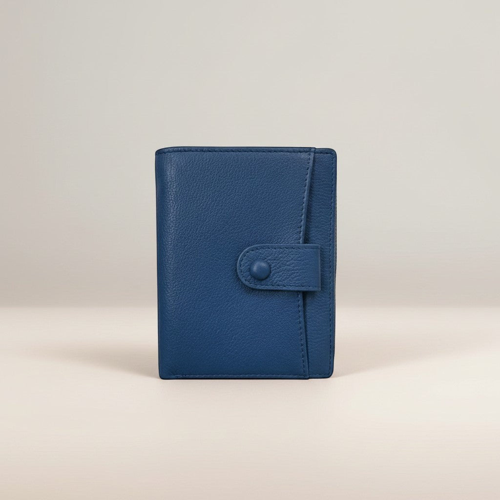 Sina Footwear dark blue genuine leather bi-fold wallet with snap closure and card slots.