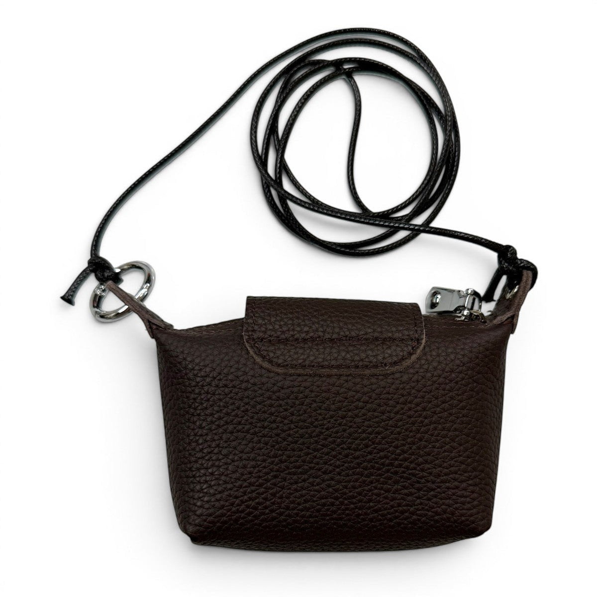 Sina Footwear dark brown pebbled leather mini crossbody wallet with a silver zipper and adjustable strap.