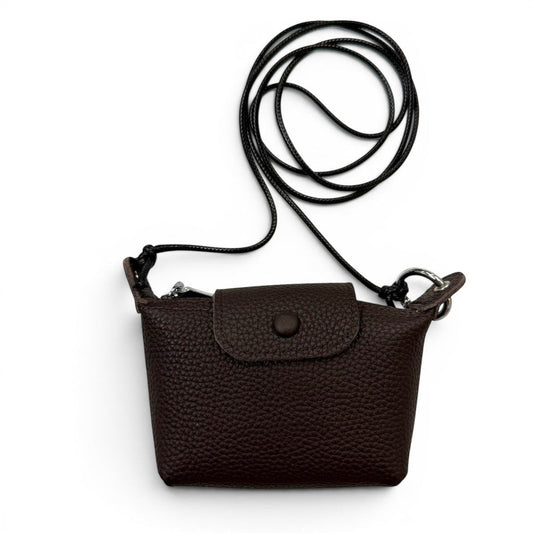 Sina Footwear dark brown pebbled leather mini crossbody wallet with snap closure and thin cord strap.