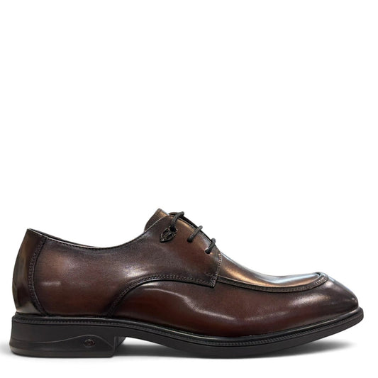 Sina Footwear dark brown leather derby shoe with apron-toe construction and lace-up design on a white background.
photo of the right side