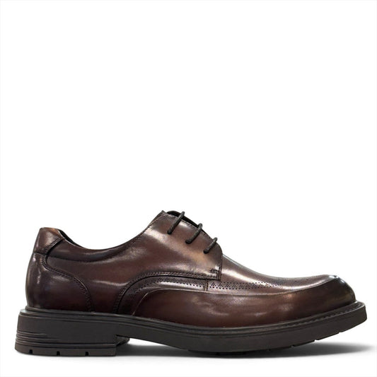 Sina Footwear dark brown leather derby shoe with brogue-inspired perforated details and a lightweight chunky sole.
 photo of the right side